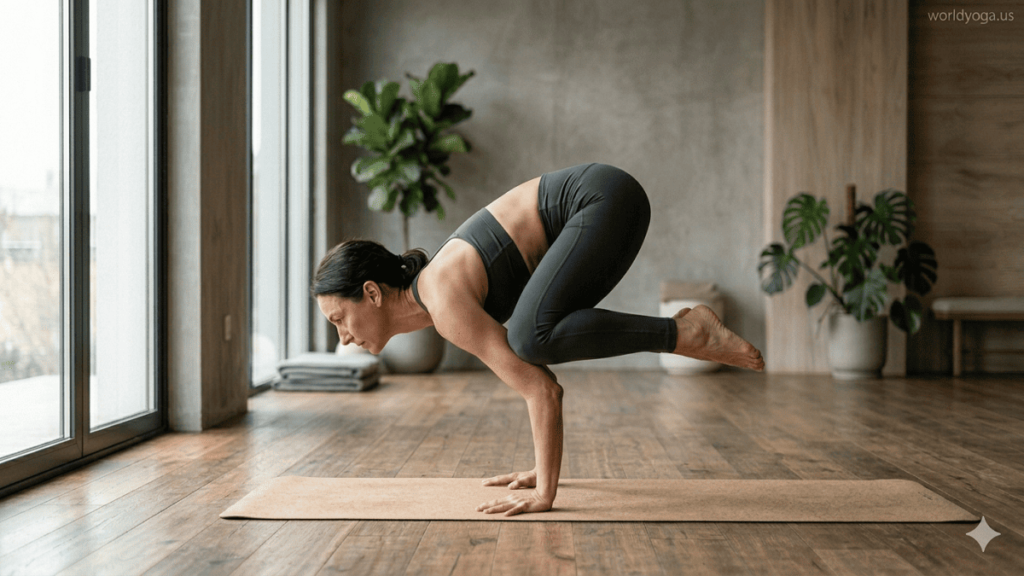 A yoga practitioner performing an arm balance (Crow Pose) with feet and sitting bones lifted off the floor, balancing on hands with knees resting on upper arms in a focused indoor studio setting.