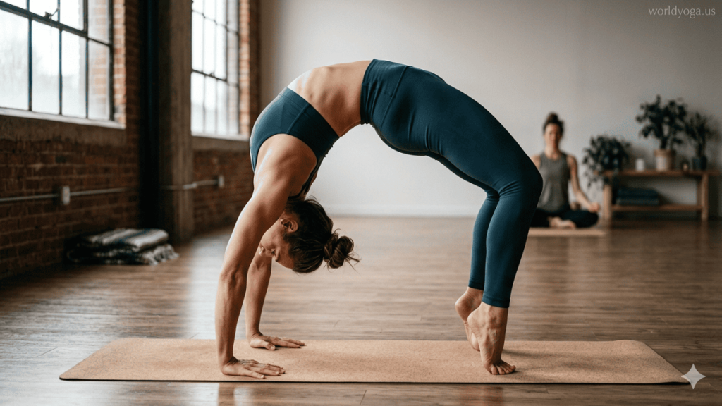 Prapada Chakra Bandhasana. An advanced yoga practitioner performing a deep wheel pose variation with strong spinal arch, arms and feet grounded, chest lifted upward, and forefoot engagement, in a calm studio environment with soft natural lighting.