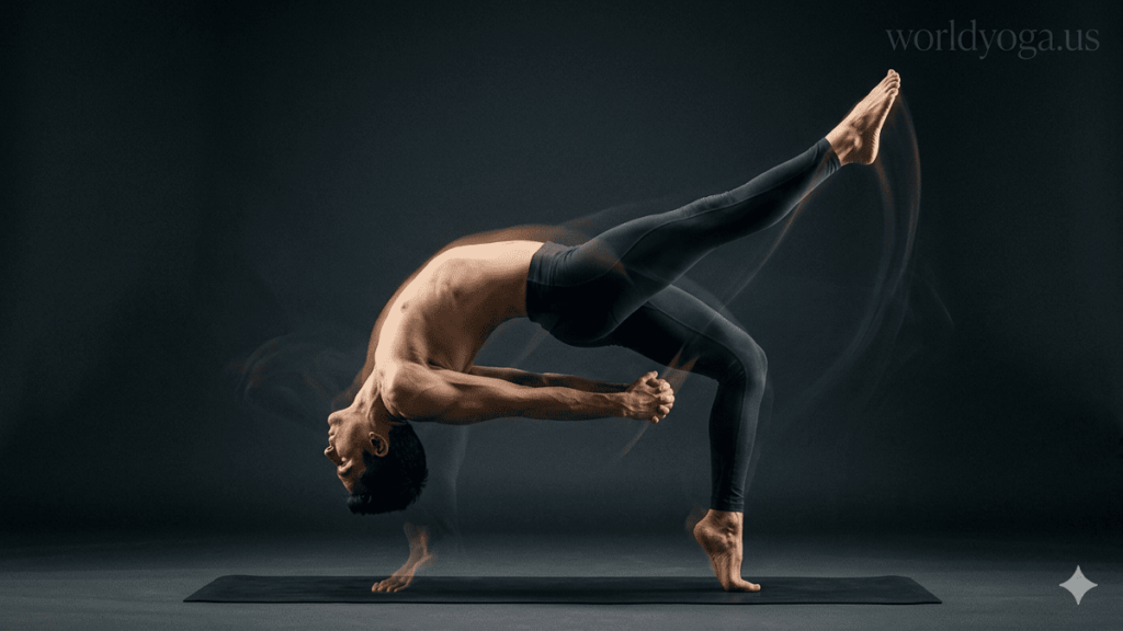 Prapada . Artistic depiction of a yoga practitioner in a flowing deep backbend pose with one leg extended upward, motion lighting effects, watermark “worldyoga.us” top-right.