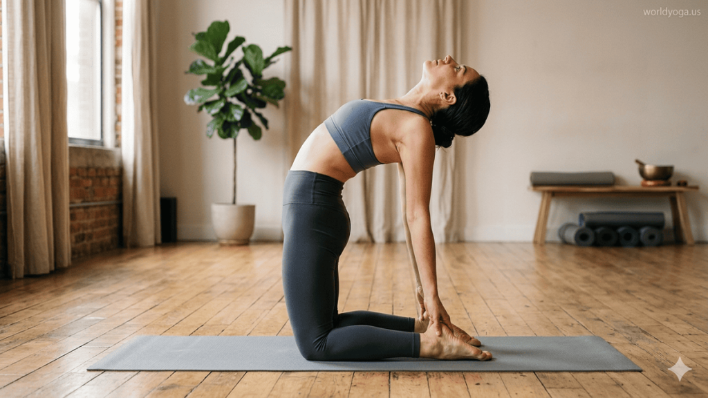 Yoga practitioner performing an advanced Camel Pose variation with legs in Cow Face Pose position, showing stacked knees, open chest, and deep backbend in a studio setting.