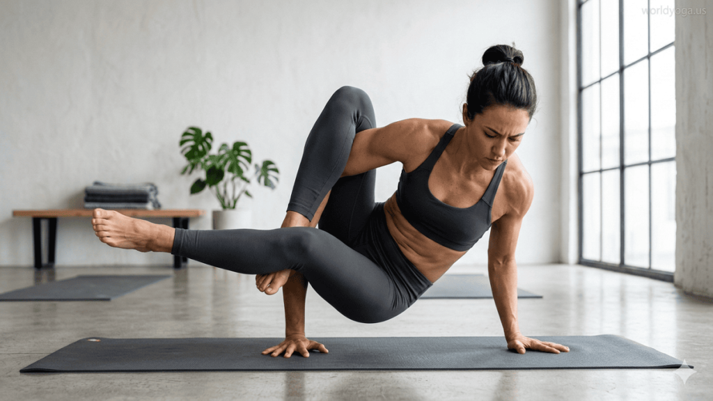 A cinematic artistic depiction of a yoga practitioner in a flowing asymmetrical arm balance pose, with dramatic lighting and soft motion effects highlighting balance, strength, and controlled instability in a serene architectural space.