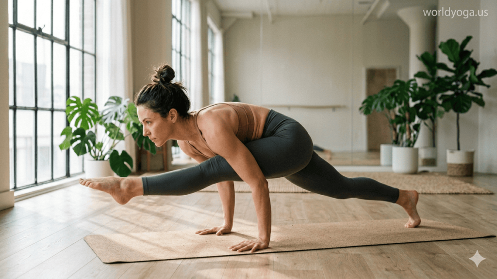 Yoga practitioner performing Uneven Two-Legged Pose Dedicated to Koundinya in a bright studio, one leg extended and the other bent, with a “worldyoga.us” watermark in the top right.