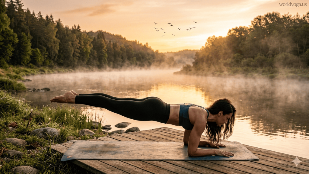 A yoga practitioner performing Peacock Pose (Mayurasana), balancing the body horizontally on the arms with elbows pressing into the abdomen, legs extended straight back in a controlled alignment.