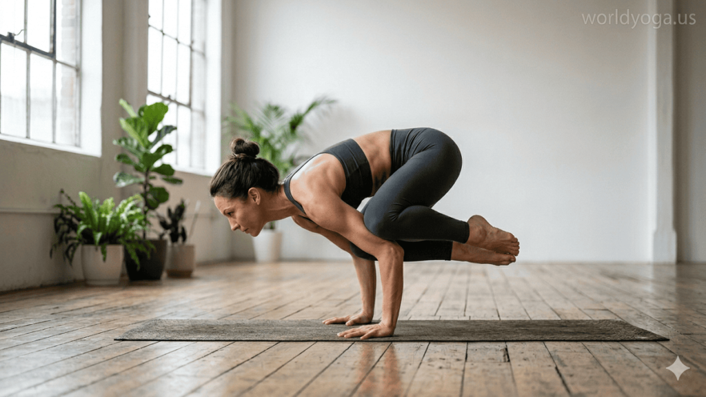 A yogi performing Bhujapidasana arm balance in a minimalist studio with thighs pressing the shoulders and hands on the floor behind the body, watermark “worldyoga.us” in top right.