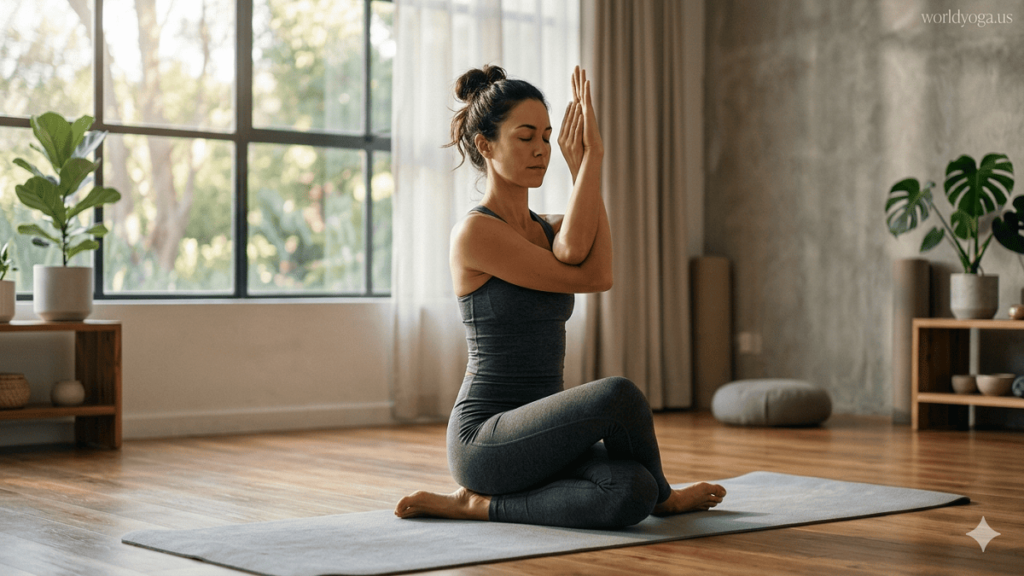A person kneeling on a yoga mat in a studio performing Cow Face Pose with Garuda arm variation, with upright spine and crossed arms, in soft natural lighting.