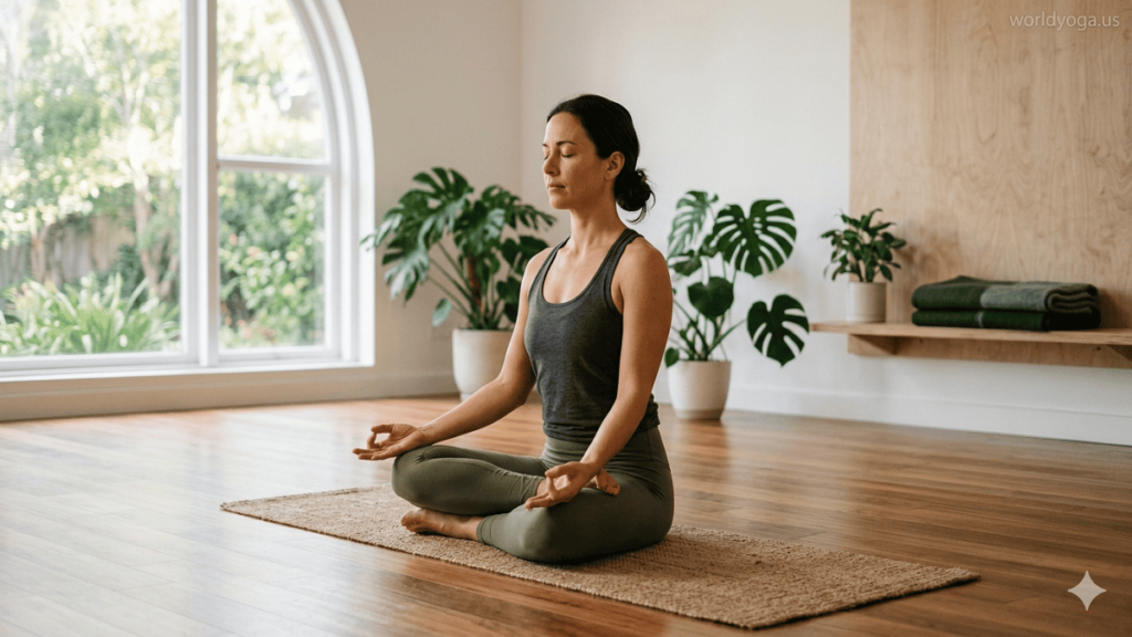 Brahmacharyasana. A person practicing a seated hip-opening yoga posture in a peaceful indoor studio with natural light, maintaining an upright spine and meditative focus.