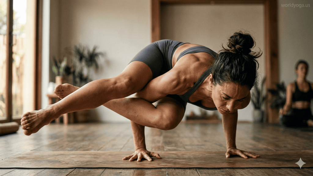 Advanced yogi performing Vishama Hasta Parshva Bakasana in a yoga studio with uneven arm loading and twisted arm balance posture.