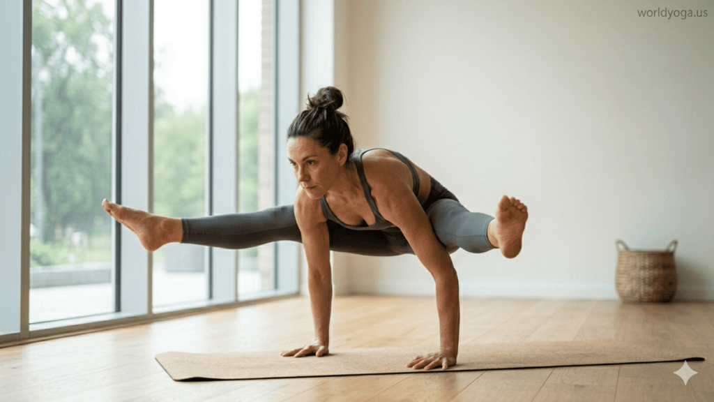 A yoga practitioner performing Lifted Feet Spread Out Pose (Utthita Tittibhasana), balancing on hands with legs extended wide in a straddle, demonstrating strength and flexibility.