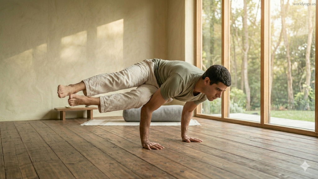 Yoga practitioner performing the “Both Legs to the Side” arm balance in a sunlit studio, core and arms engaged, legs extended sideways, with watermark “worldyoga.us” in the top-right corner.