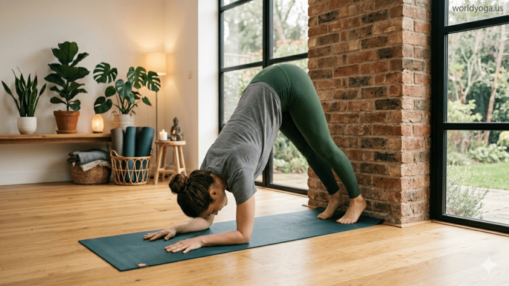 A beginner performing Dolphin Pose in a calm yoga studio with correct forearm alignment, lifted hips, and a “worldyoga.us” watermark in the top right corner.