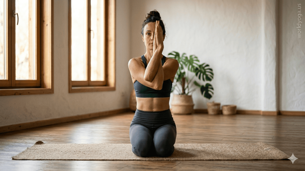 Yoga practitioner performing Pose Dedicated to Garuda on the Knees in a studio, showing eagle arm bind and upright posture.
