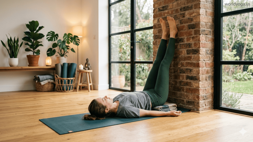 Inversion Poses. A beginner practicing Legs-Up-The-Wall yoga pose in a peaceful indoor studio with soft lighting and plants, with a small “worldyoga.us” watermark in the top right corner.