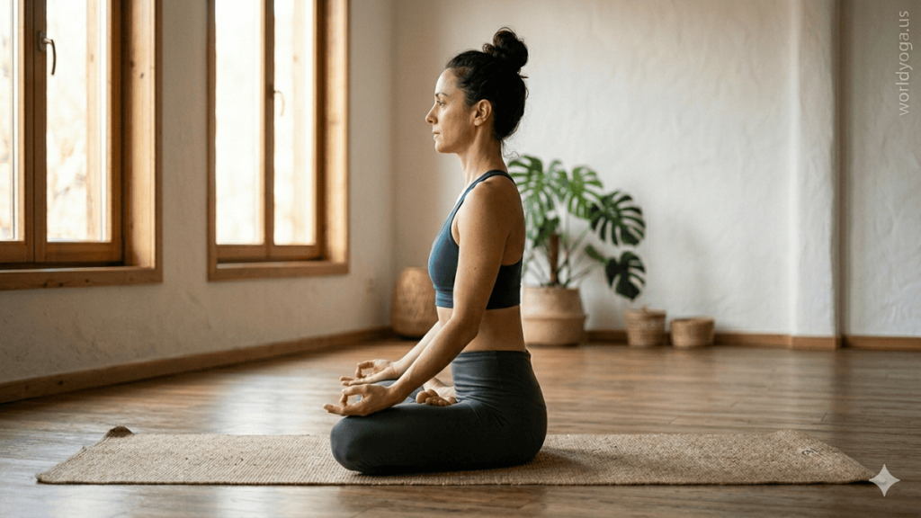 Yoga practitioner performing Knee to the Floor variation of Lotus Pose in a studio with upright spine and knees nearing the floor.