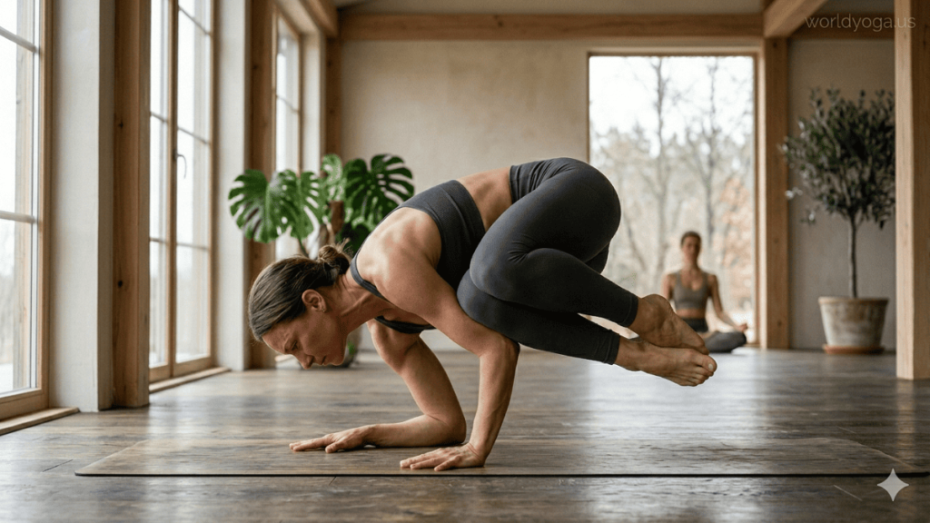 Garudasana . An advanced yoga practitioner performing an asymmetrical forearm arm balance with Eagle-leg bind and spinal twist in a minimalist studio with a “worldyoga.us” watermark in the top-right corner.