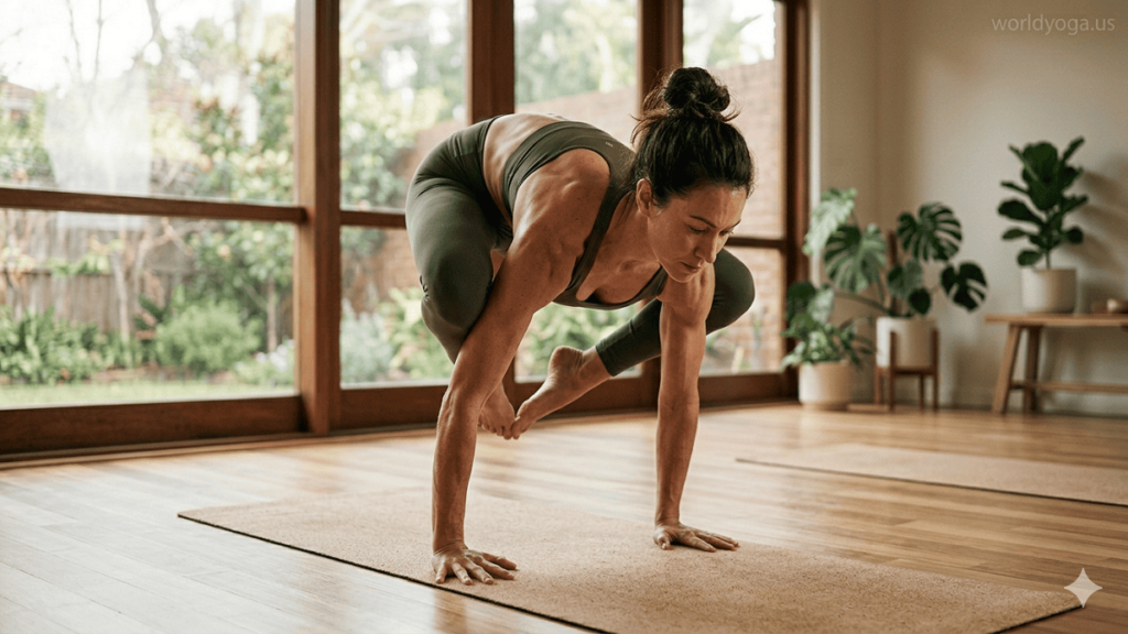An advanced yoga practitioner performing Upward Rooster Pose in an indoor studio, balancing on hands with knees on upper arms and body lifted upward.