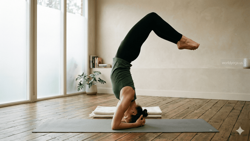 Advanced yogi performing Backbend Headstand Arm Position 5 in a yoga studio with controlled inversion and spinal backbend.