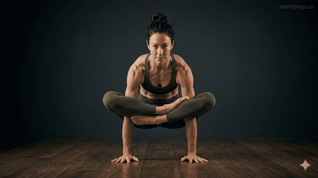 Advanced yoga practitioner performing Urdhva Kukkutasana, balancing on straight arms with legs in full lotus position, body lifted off the ground in controlled arm balance.
