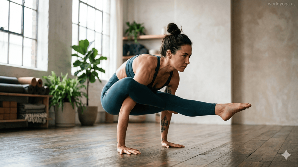 A practitioner performing Eka Hasta Bhujasana yoga arm balance with one leg hooked over the shoulder and body lifted off the ground using arm strength.