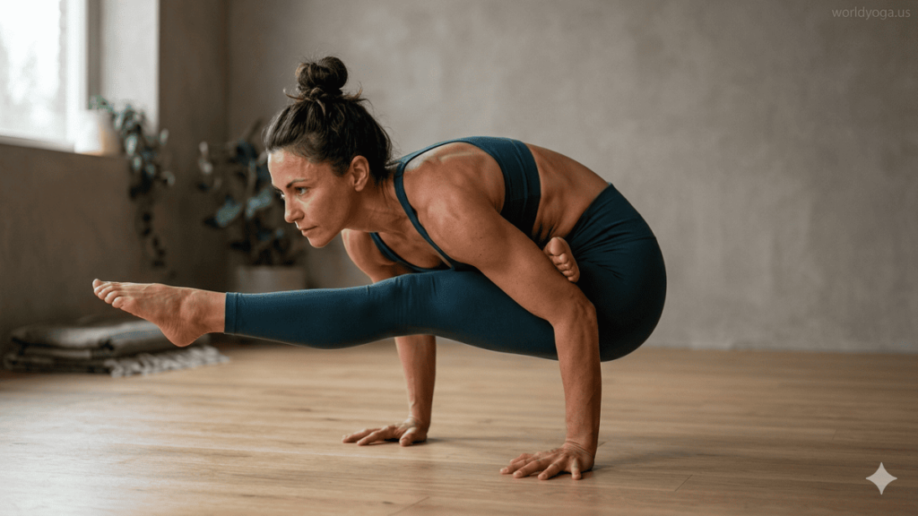 Vishama Dwi Pada Koundinyasana. A yoga practitioner performing Vishama Dwi Pada Koundinyasana in a studio, balancing on both hands with one leg extended forward and the other hooked on the upper arm, under soft lighting.
