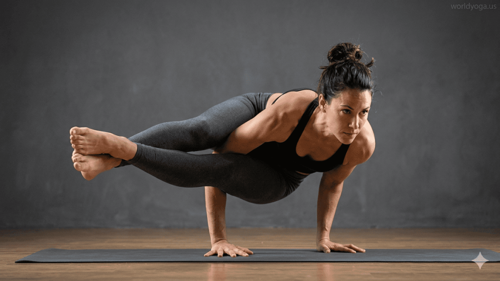 A yoga practitioner performing Vishama Dwi Pada Koundinyasana in a studio, balancing on both hands with both legs extended sideways in a strong asymmetrical arm balance.