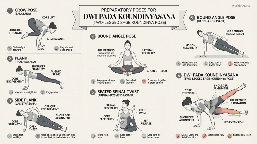 "Yoga practitioner performing Dwi Pada Koundinyasana with arms supporting the torso and both legs extended sideways, highlighting core engagement, shoulder alignment, and hip flexibility in an instructional setting."