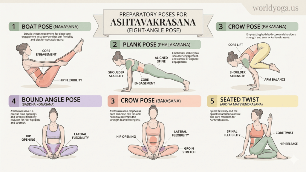 Ashtavakrasana Prep.. "Yoga practitioner performing preparatory poses for Ashtavakrasana, including Boat Pose, Plank, Crow Pose, Bound Angle Pose, and Seated Twist, with correct alignment and muscle engagement highlighted."