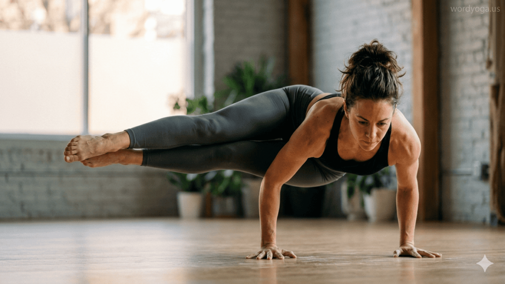 Advanced yogi performing a lateral arm balance with both legs extended to one side in a minimalist yoga studio with soft lighting.