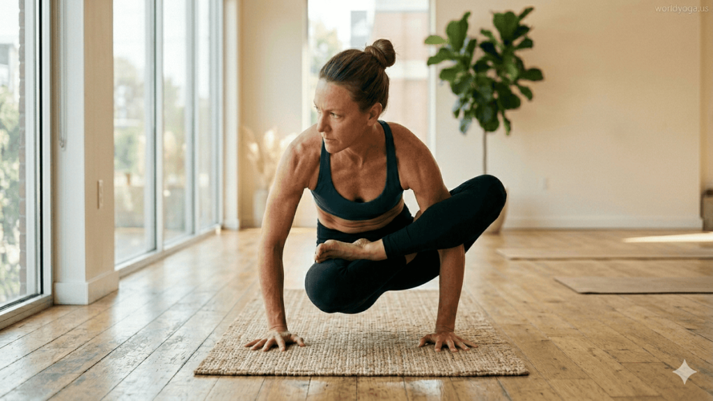 A yoga practitioner performing Parshva Kukkutasana (Side Rooster Pose) indoors, balancing on hands in Lotus Pose with a controlled side twist.