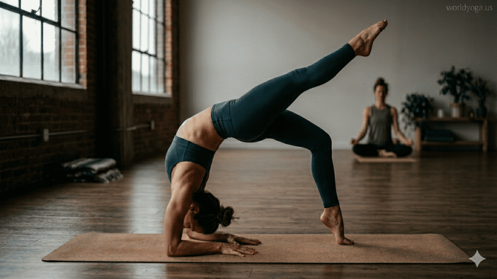 Advanced yoga practitioner performing a deep backbend with one leg raised in a serene studio, watermark “worldyoga.us” in top-right corner.