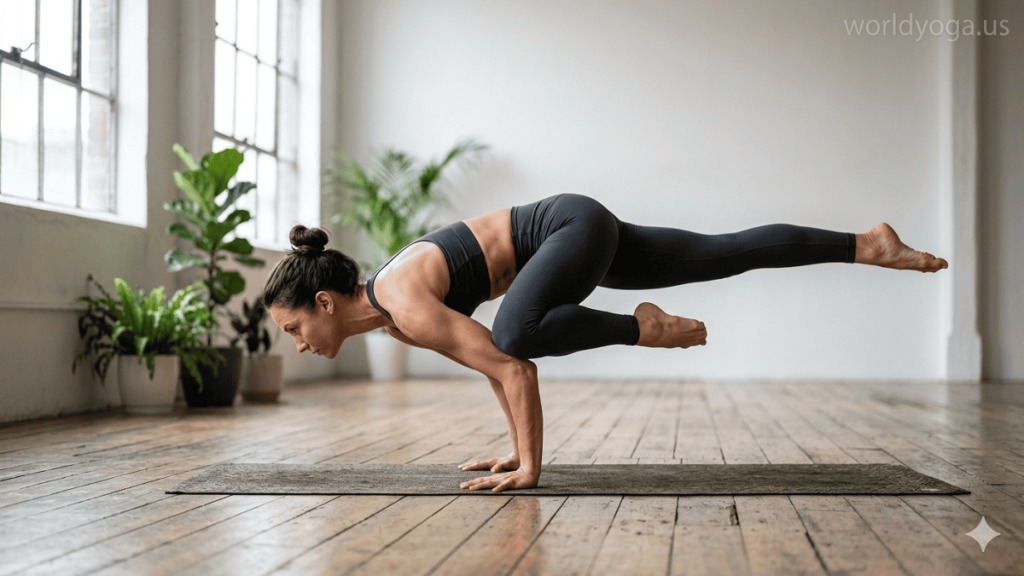 A yogi performing Eka Pada Bakasana II arm balance in a bright minimalist studio with one leg extended backward and watermark “worldyoga.us” in the top right corner.