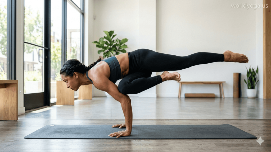 A yoga practitioner performing Eka Pada Galavasana, balancing on hands with one leg in a figure-four position and the other extended backward.