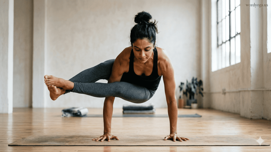 Vishama Ashtavakrasana. Advanced yogi performing Vishama Ashtavakrasana arm balance in a minimalist indoor yoga studio with soft lighting and a blurred background.