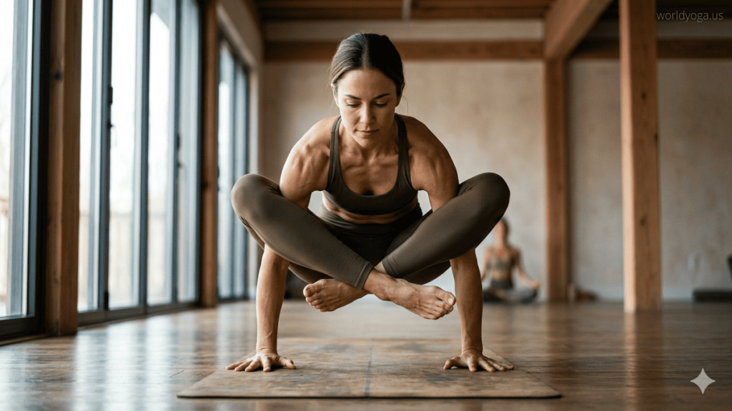 An advanced yoga practitioner performing a Crow Pose arm balance with tightly wrapped Eagle legs in a softly lit modern studio with a “worldyoga.us” watermark in the top-right corner.