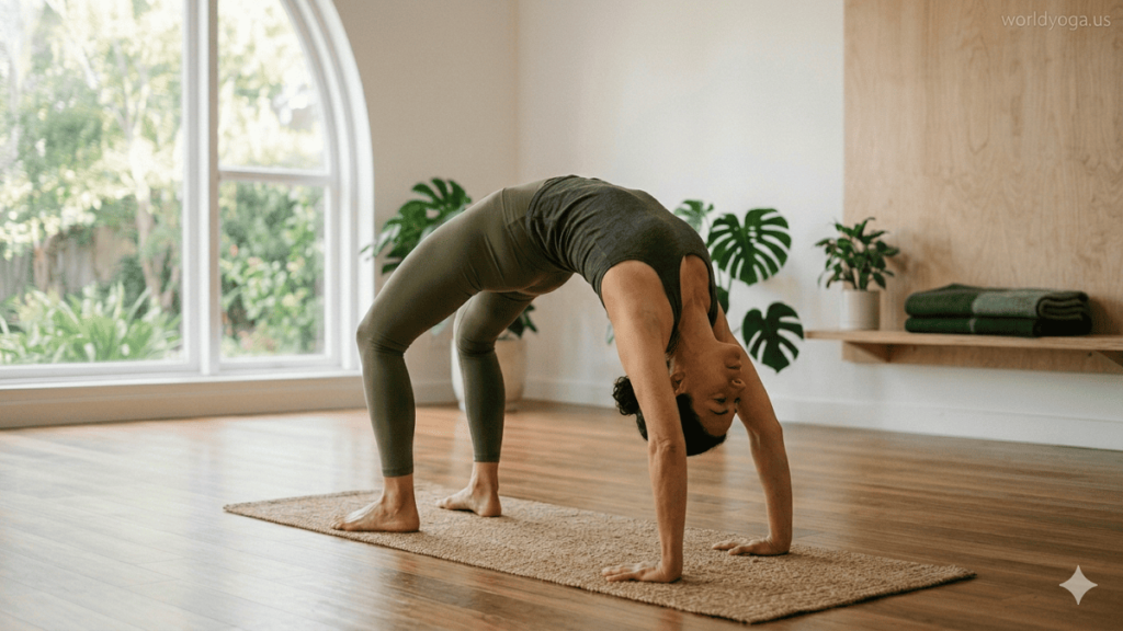 Backbends. A woman performing a Wheel Pose backbend in a softly lit yoga studio with wooden flooring and natural morning light.
