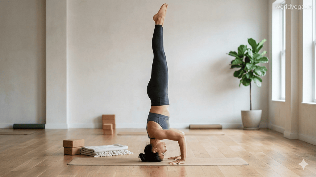 An advanced yogi performing a one-arm headstand with straight legs in a vertical alignment, demonstrating strength and balance in a studio setting with minimal background.