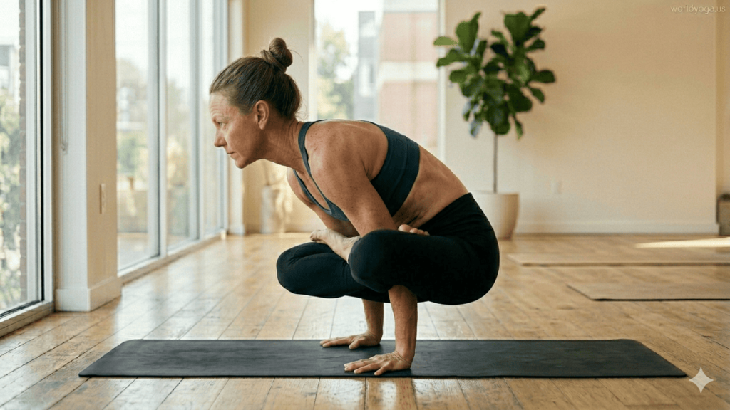 Advanced yoga practitioner performing Rooster Pose (Kukkutasana), balancing the entire body on hands while seated in Full Lotus with arms threaded through the legs and body lifted off the ground.