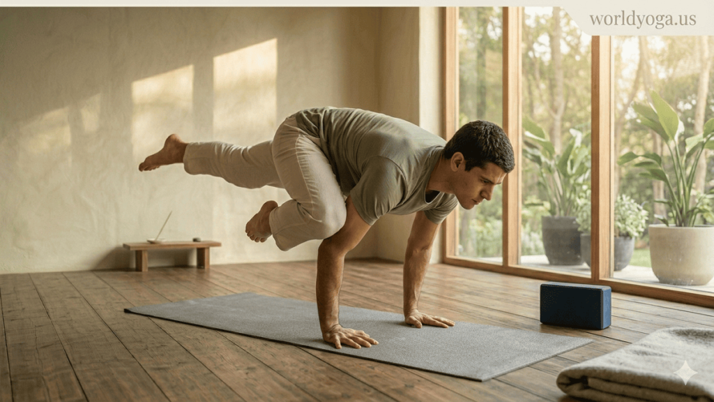 Pose Dedicated to Ashtavakra Prep.. "Yoga practitioner performing a preparatory sequence for Ashtavakrasana, with one leg supported on the arm, engaged core, and focused expression in a sunlit studio. Watermark 'worldyoga.us' in the top right corner."
