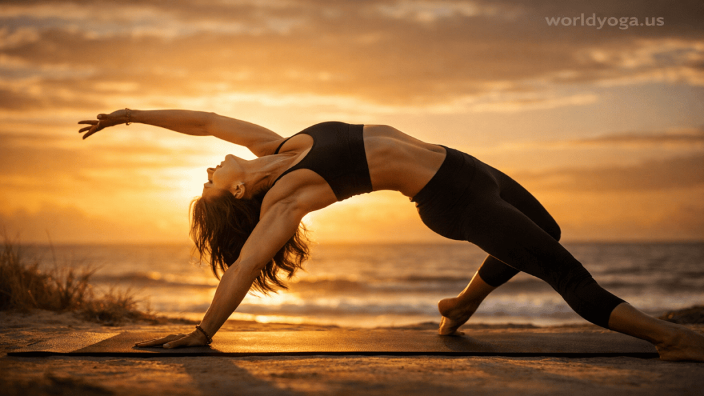A yoga practitioner performing Chamatkarasana (Wild Thing Pose) with one hand grounded, hips lifted, and chest open in a graceful backbend.