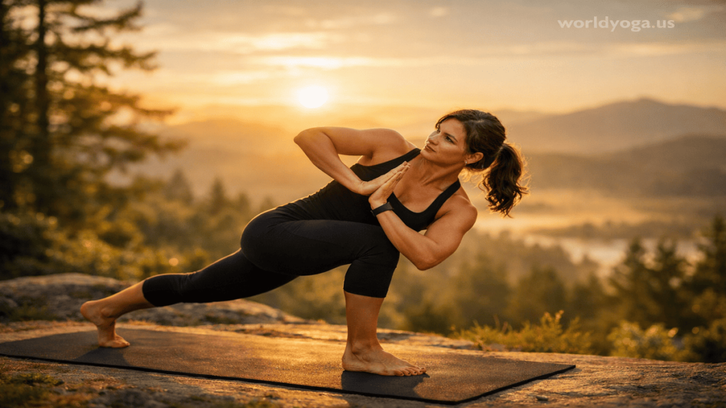 A yoga practitioner performing Parivritta Prapadasana in a deep lunge with a controlled spinal twist and hands in prayer position.