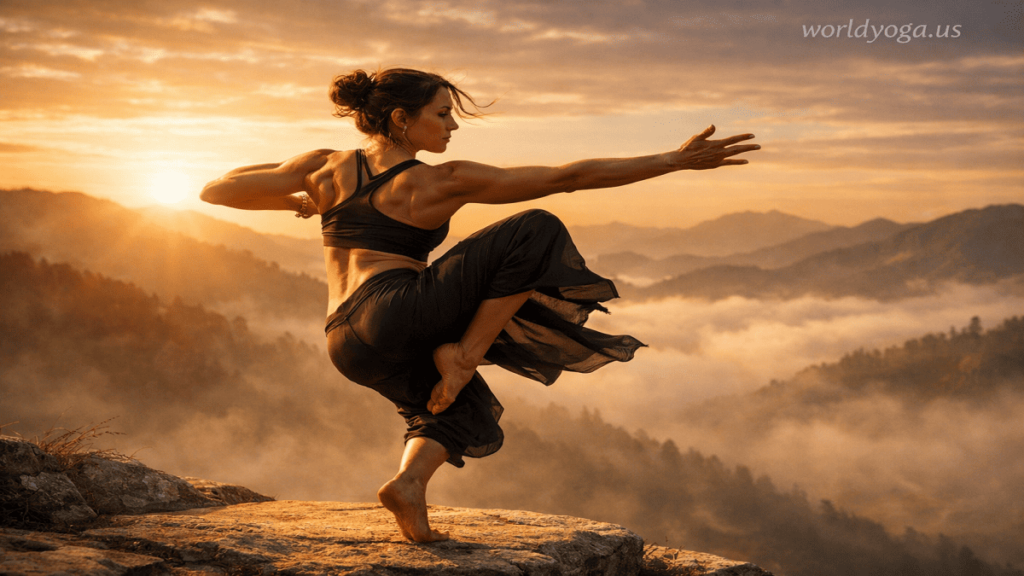 Advanced yogi performing Revolved Tip Toe Pose variation, balancing on the tip of one foot with a deep spinal twist and arms extended for stability in a yoga studio setting.