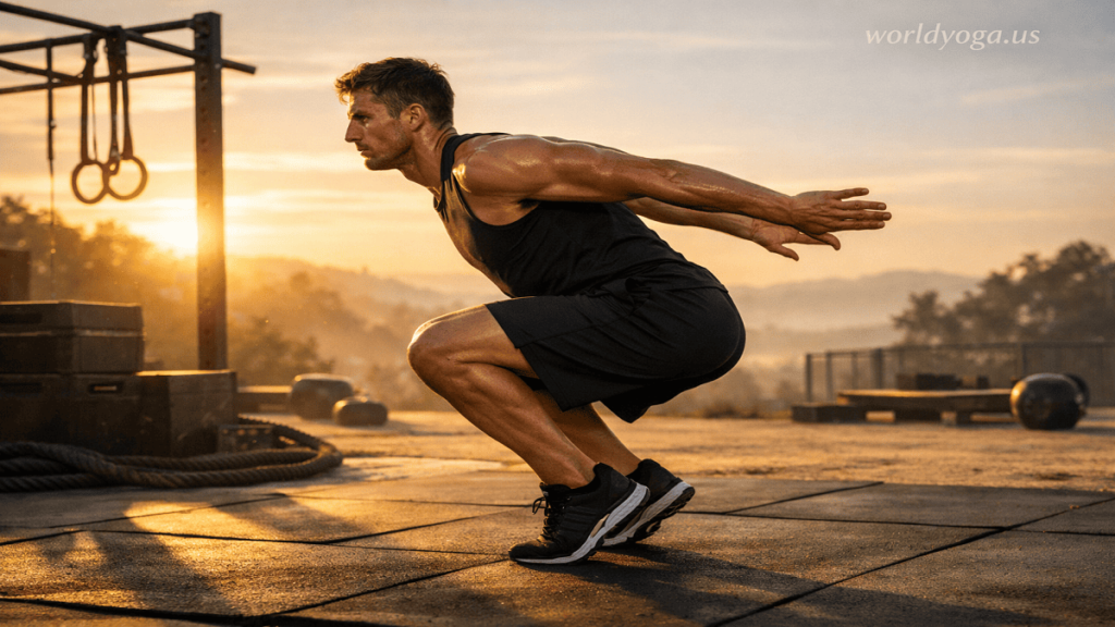 Athlete performing a heel-elevated chair squat in high stance, balancing on forefoot with arms extended forward in a controlled fitness training position.