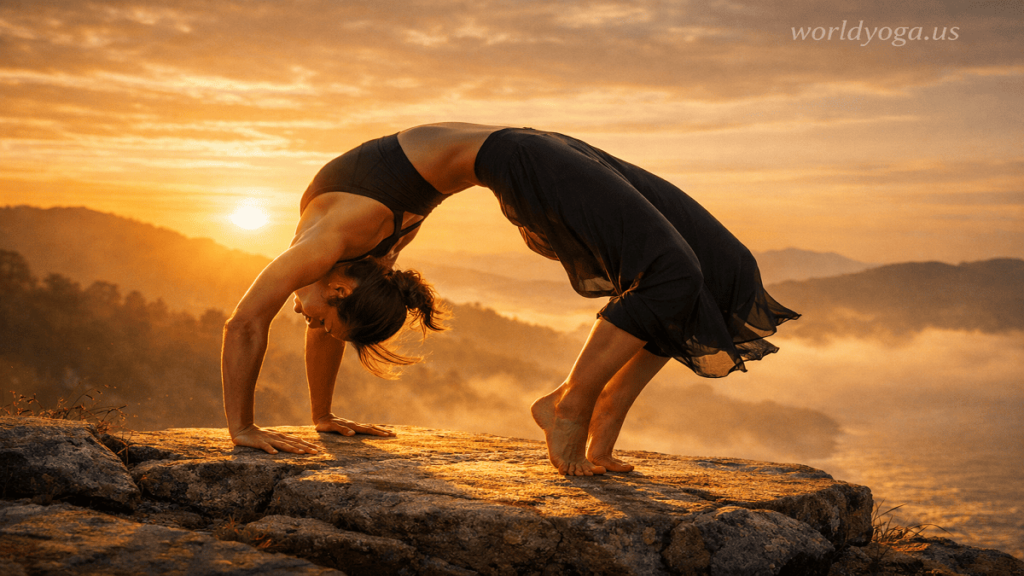 Person performing Upward Bow Pose (Wheel Pose) in a deep backbend with hands and feet grounded, forming a full arch in a yoga studio setting.
