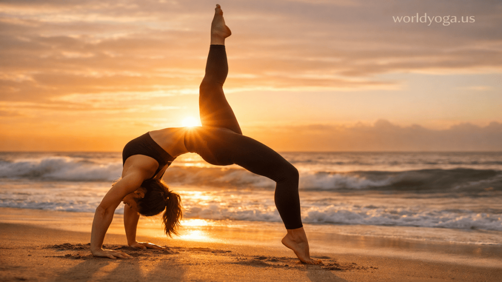 A yoga practitioner performing a one-legged wheel pose on a beach at sunrise with one leg extended upward and body forming a strong arch.