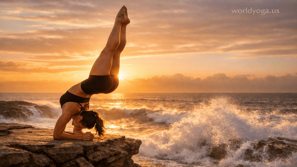 A yogi performing an inverted forearm backbend with both legs lifted straight upward on a coastal cliff during sunrise.