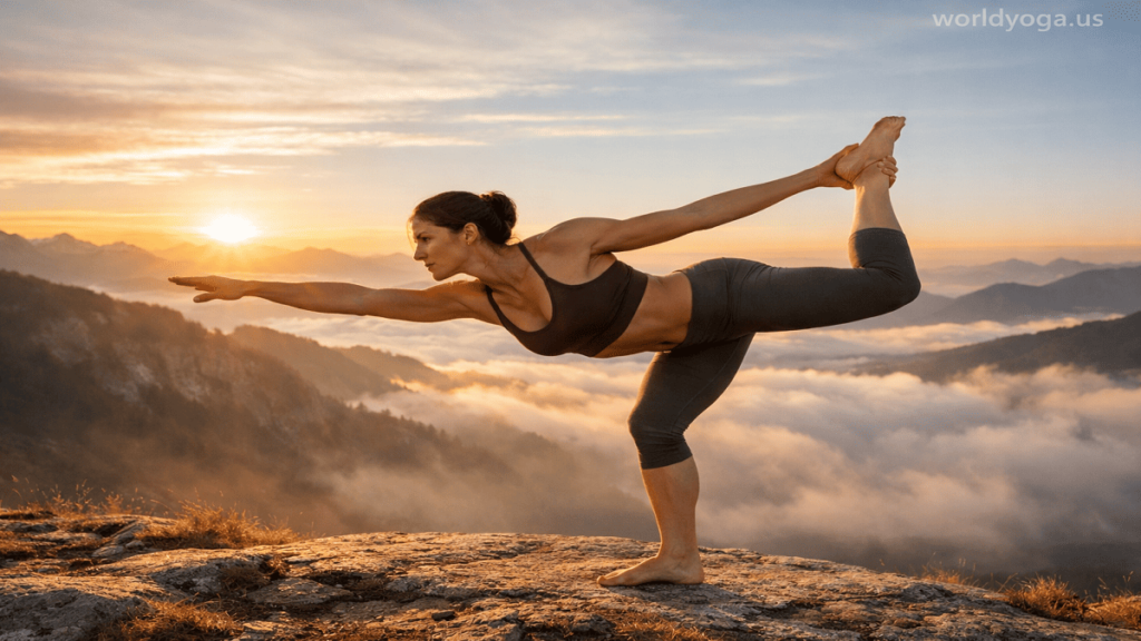 Yogi balancing on one leg during sunrise mountain yoga flow transitioning from Eka Pada Prapadasana II into Hindolasana.
