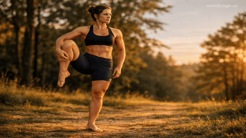 Outdoor yoga practitioner performing single-leg balance in Eka Pada Prapadasana on natural ground with lifted heel and steady posture.