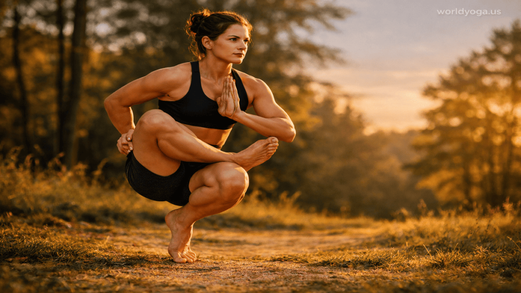 Outdoor yoga practitioner performing Ardha Baddha Padma Prapadasana in forefoot balance with Half Bound Lotus and controlled bind.