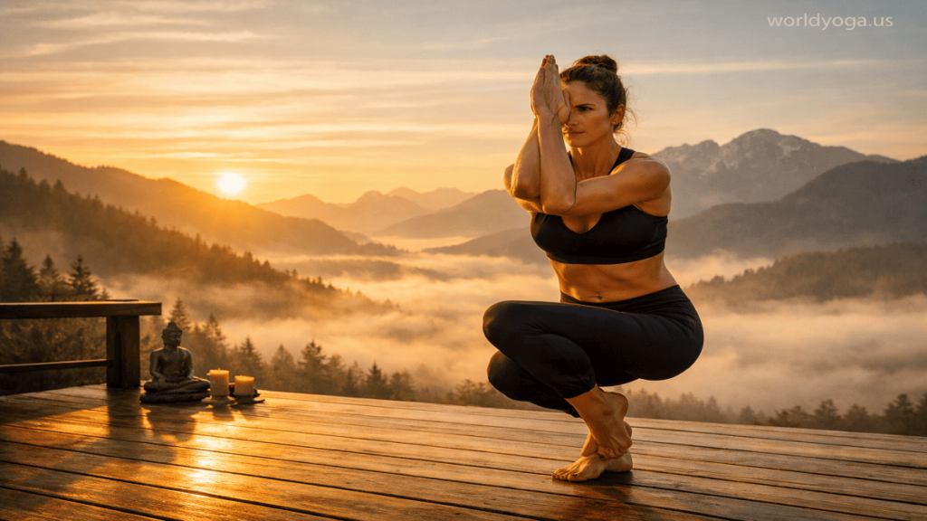 Advanced yoga practitioner performing Hasta Garudasana in Ardha Padma Prapadasana with balanced posture and focused alignment in a calm yoga setting.