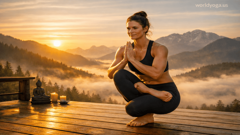 Advanced yoga practitioner performing One-Legged Squat with grounded heel balance, upright posture, and controlled alignment in a professional yoga environment.