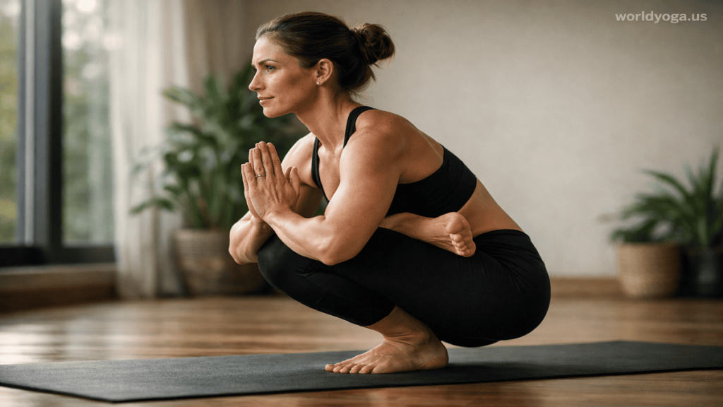 A yoga practitioner holding Ardha Padma Eka Pada Malasana in a bright studio, one leg in half lotus and the other in a deep squat, with soft natural light and “worldyoga.us” watermark at the top right.